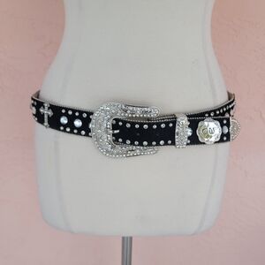CW Country Western Crystal & Rhinestone Studded Leather Black Belt